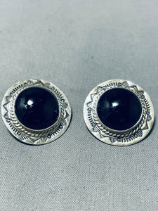 Native American Fabulous Vintage Santo Domingo Black Onyx Sterling Silver Earrings-Nativo Arts