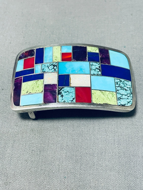 Mesmerizing Vintage Native American Navajo Inlay Turquoise Shell Lapis Sterling Silver Buckle-Nativo Arts