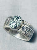Domed Light Green Spiderweb Turquoise Vintage Native American Navajo Sterling Silver Ring