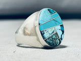 Brilliant Vintage Native American Navajo Turquoise Inlay Sterling Silver Large Ring-Nativo Arts