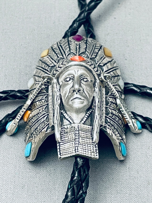 Detailed Vintage Southwest Sterling Silver Inlay Bolo Tie-Nativo Arts