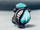 Hand-carved Leaf Turquoise Vintage Native American Navajo Sterling Silver Leaf Ring. Old-Nativo Arts