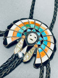 Medicine Man Vintage Native American Zuni Turquoise Inlay Sterling Silver Bolo Tie-Nativo Arts