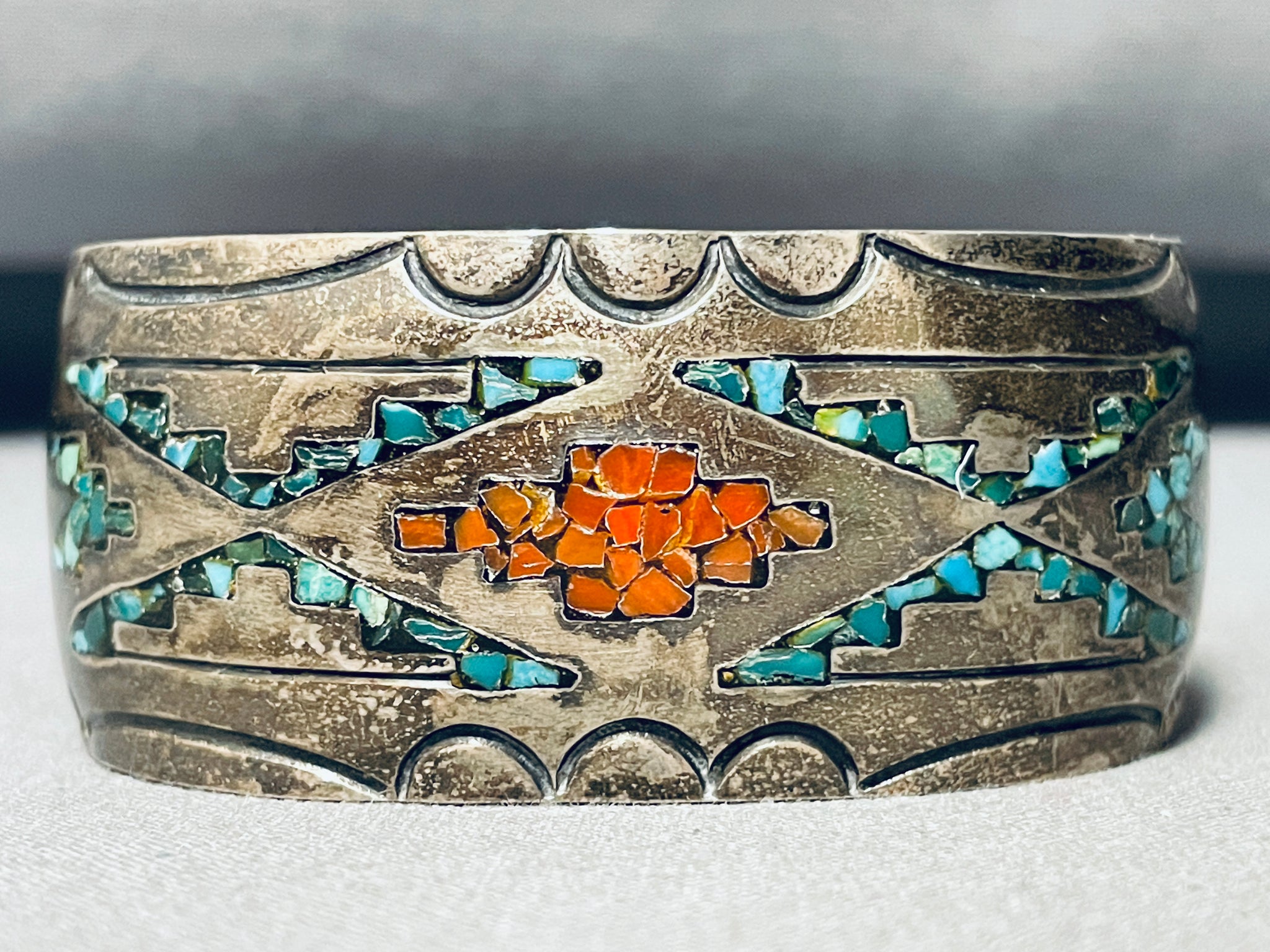 Signed Native 925 STERLING SILVER Turquoise and Coral Inlay Cuff shops Bracelet