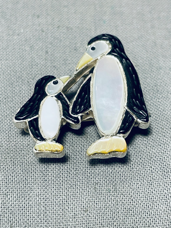 Gasp! So Cute! Vintage Native American Zuni Penguins Sterling Silver Inlay Pin-Nativo Arts