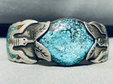 Fantastic!! Vintage Native American Navajo Turquoise Bird Inlay Sterling Silver Bracelet Old-Nativo Arts