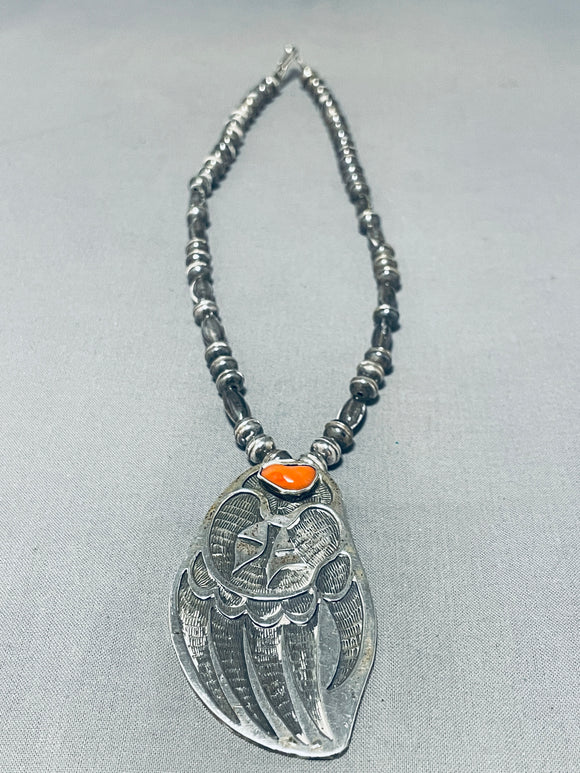 Rare Vintage Native American Hopi Coral Sterling Silver Track Necklace-Nativo Arts