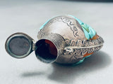 Huge Heavy Vintage Native American Navajo Turquoise Inlaid Sterling Silver Flask Pendant-Nativo Arts