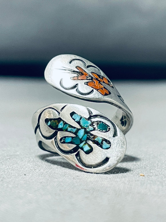 Fantastic Vintage Native American Navajo Turquoise Coral Chip Inlay Sterling Silver Wrap Ring-Nativo Arts