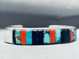 Detailed Vintage Native American Navajo 6.5 Inch Wrist Sterling Silver Inlay Bracelet-Nativo Arts