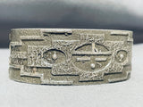 Rare Native American Navajo Signed Sterling Silver Geometric Sunface Handcarved Bracelet-Nativo Arts