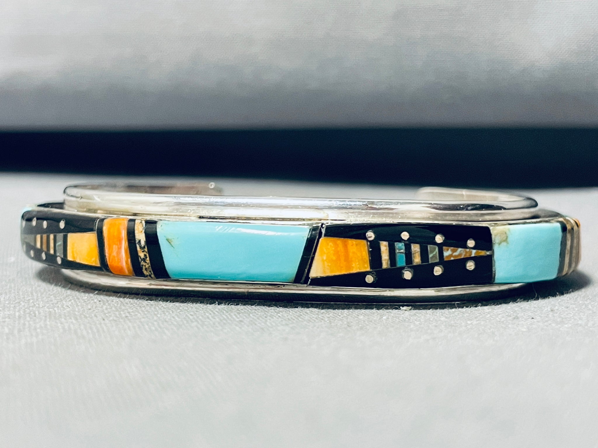 Vintage Native American Style Sterling Silver and Turquoise 7 Inch Open Cuff Bracelet. top Marked Sterling.