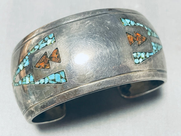 Rare Vintage Native American Navajo Turquoise Coral Chip Inlay Arrows Sterling Silver Bracelet-Nativo Arts