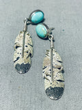 Ernest Rangel Vintage Native American Navajo Royston Turquoise Sterling Silver Feather Earrings-Nativo Arts