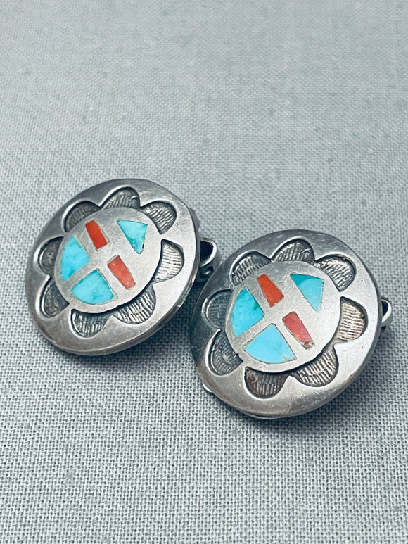 Detailed Vintage Native American Zuni Turquoise Coral Sunface Sterling Silver Clip Earrings-Nativo Arts