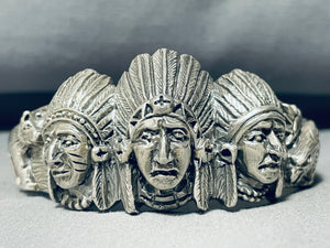 One Of The Most Unique Vintage Chief Head Sterling Silver Row Bracelet-Nativo Arts