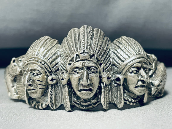 One Of The Most Unique Vintage Chief Head Sterling Silver Row Bracelet-Nativo Arts