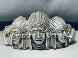 One Of The Most Unique Vintage Chief Head Sterling Silver Row Bracelet-Nativo Arts