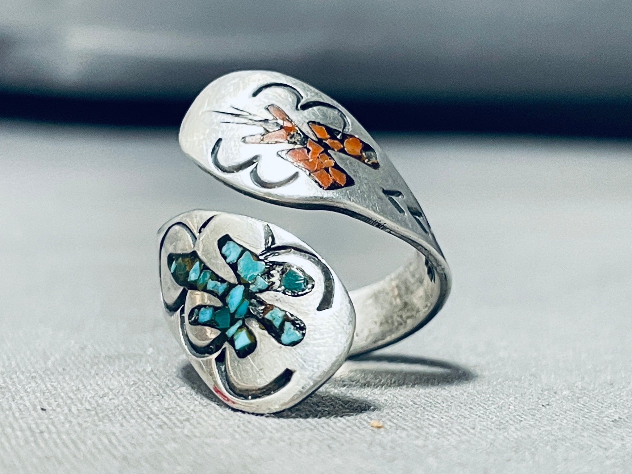 Vintage 1988 Turquoise Chip Inlay Ring buy Lot 3 Signed SW 88 Silver Tone Floral