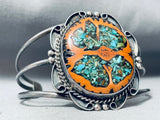 Turquoise Inlay Walnut Wood Vintage Native American Navajo Sterling Silver Bracelet-Nativo Arts
