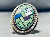 One Of Best Vintage Native American Green Turquoise Inlay Sterling Silver Ring-Nativo Arts