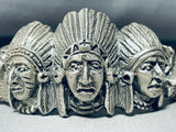 One Of The Most Unique Vintage Chief Head Sterling Silver Row Bracelet-Nativo Arts