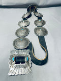 Huge Vintage Native American Navajo Hand Tooled Sterling Silver Turquoise Concho Belt Old-Nativo Arts