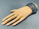 Hypnotic Vintage Native American Navajo Sterling Silver Geometric Handcarvings Huge Bracelet-Nativo Arts