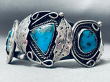Chunky Vintage Native American Navajo Morenci Turquoise Sterling Silver Leaf Bracelet-Nativo Arts