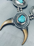 347 Grams Vintage Native American Navajo Turquoise Sterling Silver Squash Blossom Necklace-Nativo Arts