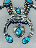 Womens Fabulous Vintage Native American Navajo Turquoise Sterling Silver Squash Blossom Necklace-Nativo Arts