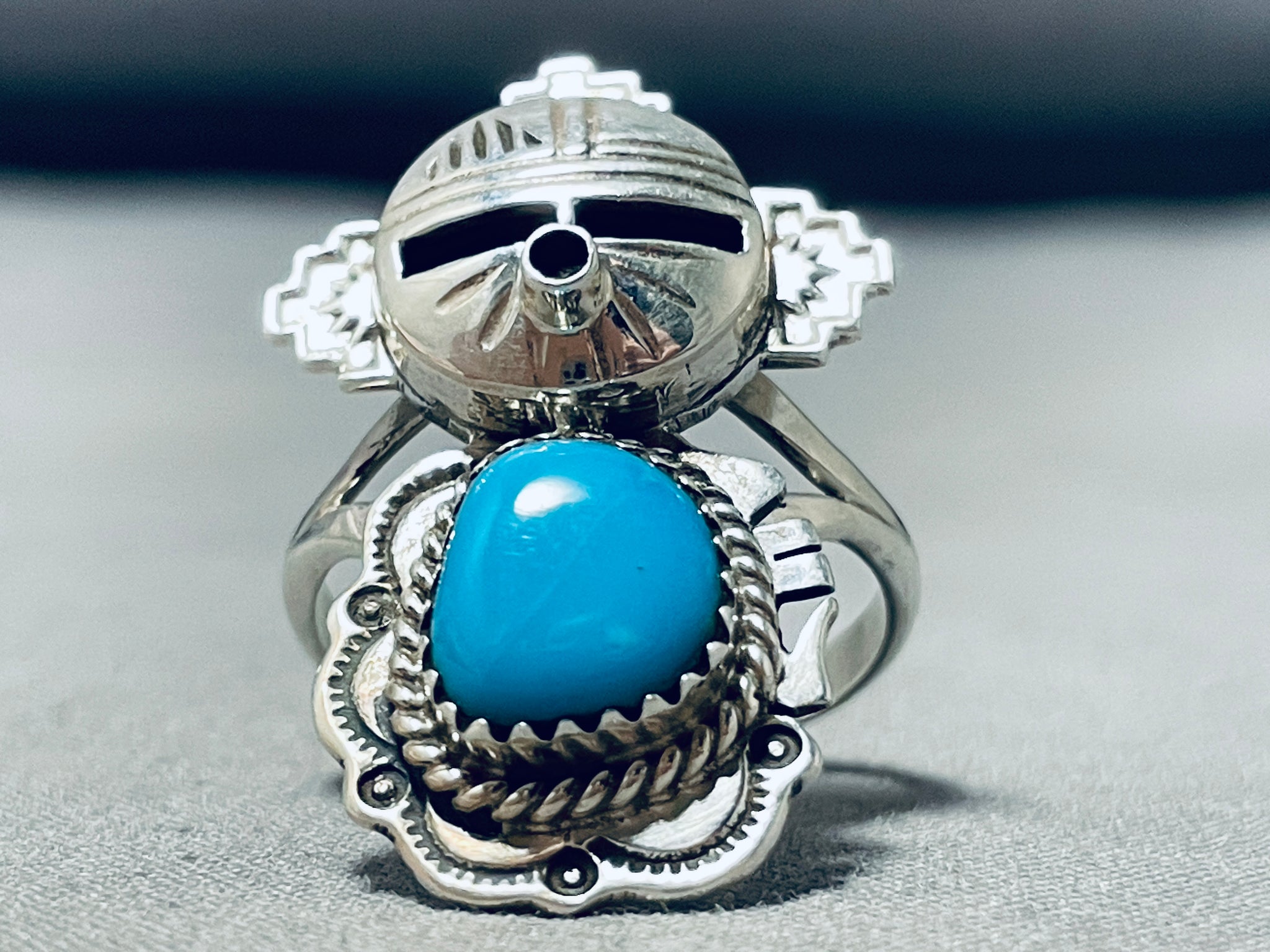 Signed Navajo Sleeping Beauty Turquoise & Sterling Silver Stamped fashion Ring