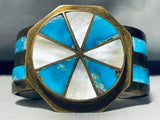 Wagonwheel Inlay!! Vintage Native American Navajo Turquoise Sterling Silver Bracelet-Nativo Arts