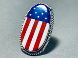 Calvin Desson Native American Navajo Coral Lapis Sterling Silver American Flag Ring-Nativo Arts