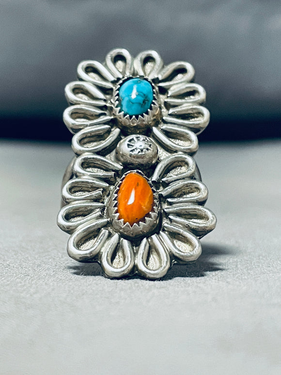 Fabulous Vintage Native American Navajo Royston Turquoise, Coral Sterling Silver Ring-Nativo Arts