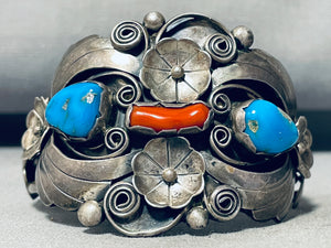 Happy Flowers!! Vintage Native American Navajo Turquoise Sterling Silver Bracelet-Nativo Arts