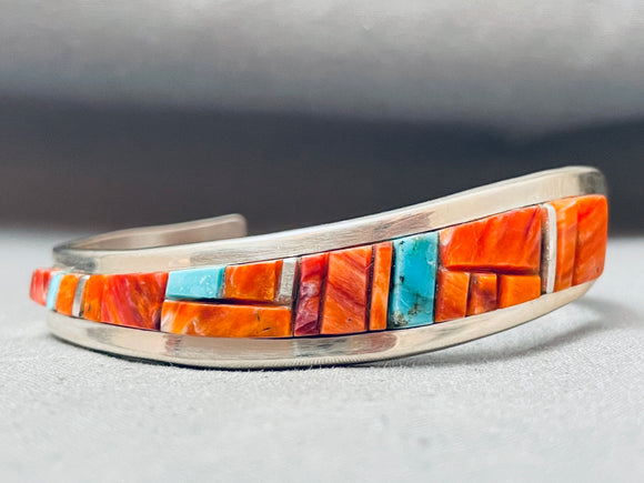 Pat Becenti Vintage Native American Navajo Shell Turquoise Inlay Sterling Silver Bracelet-Nativo Arts