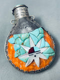 Huge Heavy Vintage Native American Navajo Turquoise Inlaid Sterling Silver Flask Pendant-Nativo Arts