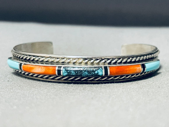6.5 Inch Wrist Vintage Native American Navajo Yazzie Turquoise Coral Sterling Silver Bracelet-Nativo Arts