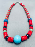 Native American Very Unique Santo Domingo Coral Turquoise Sterling Silver Necklace-Nativo Arts