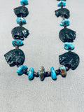Native American Fascinating Vintage Zuni Jet Bear Fetish & Turquoise Sterling Silver Necklace-Nativo Arts