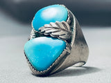 HEAVY TALL VINTAGE NAVAJO TURQUOISE STERLING SILVER LEAF RING