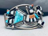 Museum Quality Vintage Native American Zuni Turquoise Kachina Sterling Silver Inlay Bracelet-Nativo Arts