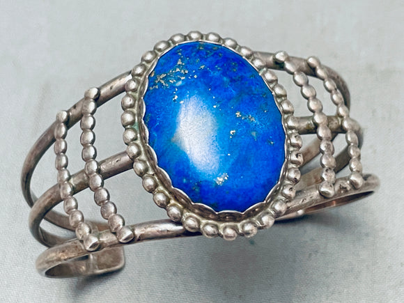 Domed Lapis Vintage Native American Navajo Sterling Silver Bracelet Cuff Old