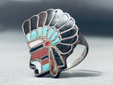 One Of The Best Vintage Native American Zuni Chief Turquoise Inlay Sterling Silver Ring Old-Nativo Arts