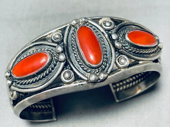 Coil Heavy Thick Vintage Native American Navajo Coral Sterling Silver Bracelet Cuff Old-Nativo Arts