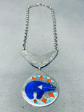 Bear Of Lapis Vintage Native American Zuni Turquoise Inlay Sterling Silver Necklace-Nativo Arts