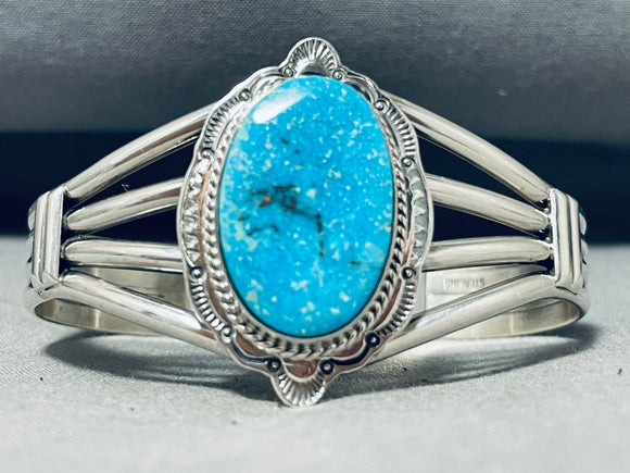 Signed Vintage Native American Navajo Old Kingman Turquoise Sterling Silver Bracelet-Nativo Arts