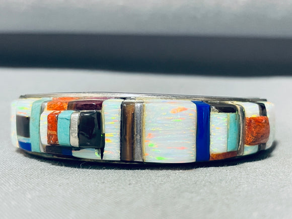 Rey Leland Vintage Native American Zuni Turquoise Inlay Sterling Silver Inlay Bracelet-Nativo Arts