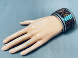 6.5-INCH WRIST VINTAGE NAVAJO TURQUOISE HISHI STERLING SILVER INLAY BRACELET